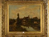 a painting of a farm scene with a river and a house in the background