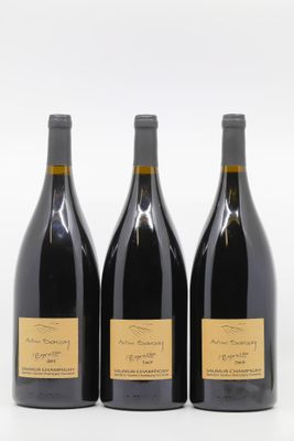 trois bouteilles de vin posées les unes à côté des autres sur une surface blanche