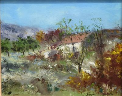 an oil painting of a landscape with a house and trees