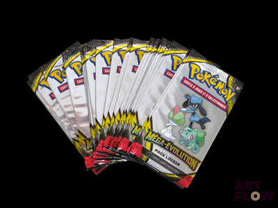 several packs of pokemon trading cards on a black background
