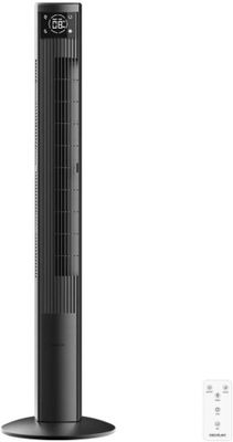 a black tower fan sitting on top of a table next to a remote control