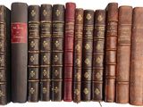 plusieurs vieux livres sont alignés sur une surface blanche