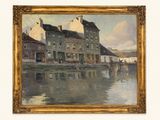 an image of a painting of a city by the water