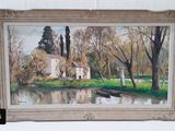a picture of a painting of a house by the water