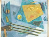 an image of a painting of a table with a knife, fork, napkin and other items on it