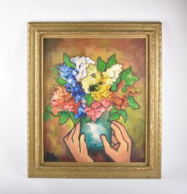 un tableau représentant deux mains tenant un vase de fleurs