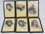 four framed pictures of jesus with beards and a bird
