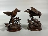 pair of antique bronze eagle figurines on wooden bases