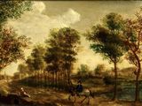 un tableau représentant un homme à cheval sur un chemin de terre
