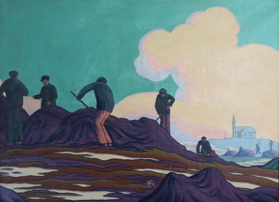 une peinture représentant un groupe d'hommes travaillant sur une colline