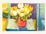 un tableau représentant des fleurs dans un vase rouge posé sur une table