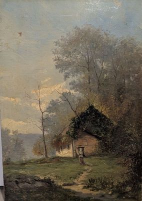 un tableau posé sur un chevalet, avec en arrière-plan le tableau représentant une maison