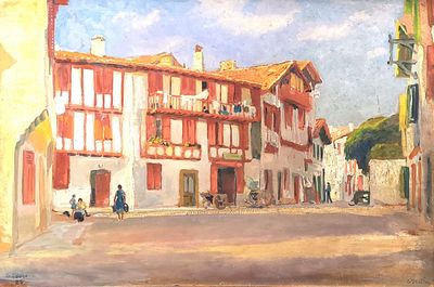 a painting of a street scene with buildings and people