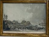 tableau représentant une vue de ville avec des bateaux et des personnages sur l'eau