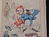 an old book with a cartoon of a man kicking a soccer ball