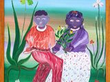 painting of two women sitting on a bench with flowers in their hands