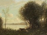 tableau représentant une scène fluviale avec des vaches qui paissent au premier plan