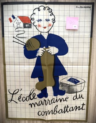 poster on the wall of a bathroom with a drawing of a woman holding a knitting needles