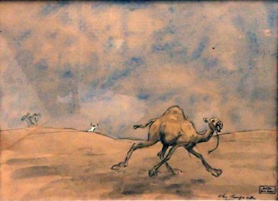 tableau représentant un chameau courant dans le désert, avec des oiseaux en vol en arrière-plan