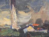 an oil painting of a lighthouse on a rocky shore with a boat in the foreground