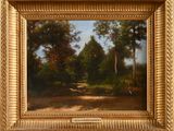 an oil painting of a dirt road with trees in the background
