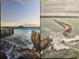 deux photos d'une jetée au milieu d'un plan d'eau
