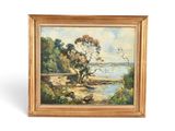 une peinture à l'huile représentant un paysage avec un arbre et un plan d'eau