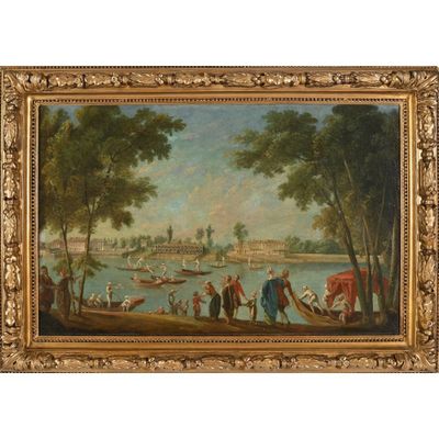 une peinture à l'huile représentant une scène fluviale avec des personnages et des bateaux