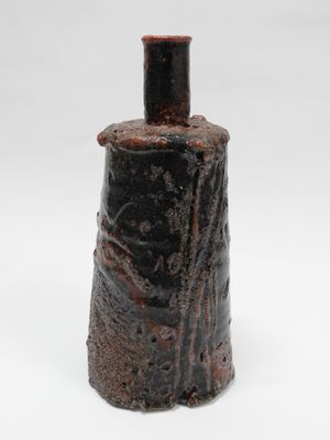 une image représentant un vase noir posé sur une surface blanche