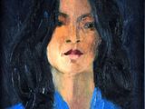 a painting of a woman with long black hair and a blue shirt