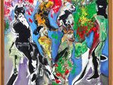 an abstract painting of a group of people walking down a street