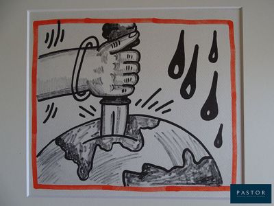dessin représentant une main tenant un robinet au-dessus d'un globe terrestre