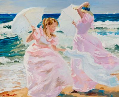 tableau représentant deux femmes marchant sur la plage, un parapluie à la main