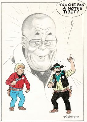 une image représentant un dessin humoristique d'un homme portant un chapeau de cow-boy et d'un autre homme avec un chapeau de cow-boy sur la tête