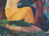 painting of a woman in a yellow dress sitting under a tree