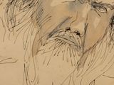 drawing of a man with long hair and a beard in a hat