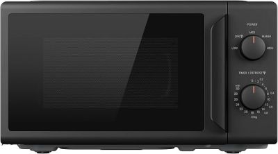 the black microwave oven is on a white surface