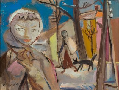 tableau représentant une femme et un chien dans un paysage enneigé