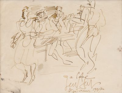 drawing of a group of people sitting around a table with a dog