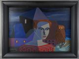 painting of a man with an owl and a building in the background