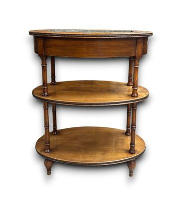 an image of a three tiered wooden table with marble top