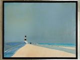 a picture of a painting of a lighthouse on the beach
