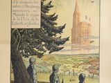 un vieux livre avec une image de château en arrière-plan