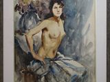 aquarelle encadrée représentant une femme nue avec des fleurs dans un vase