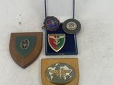 several badges are displayed on a white surface with a blue case