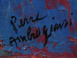 painting of a red and blue wall with writing on it that says don ' t america