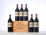 six bottles of red wine in a wooden crate with a white background