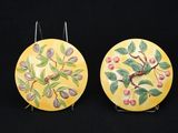 deux assiettes jaunes ornées de fleurs et de feuilles sur fond noir
