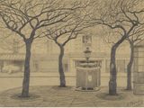 a drawing of a fountain in the middle of a park