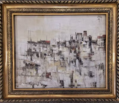 an oil painting of a cityscape in a gold frame on a wall
